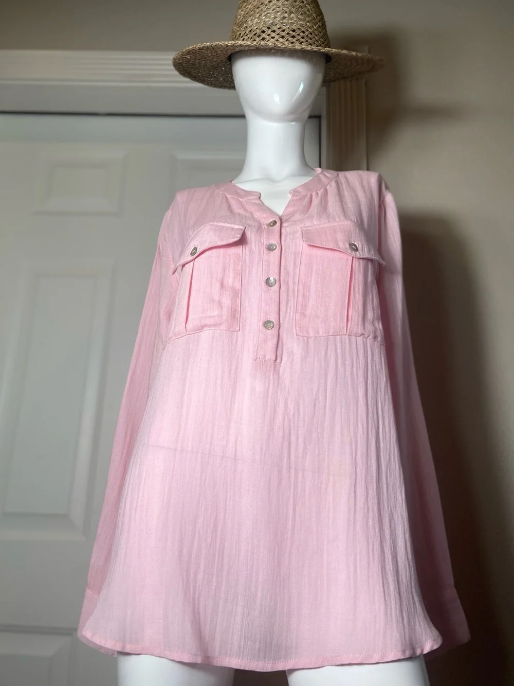 Kori~Light Pink-1/2 Button-Front~Popover~Blouse~Long Sleeve~Chest Pockets~Size L